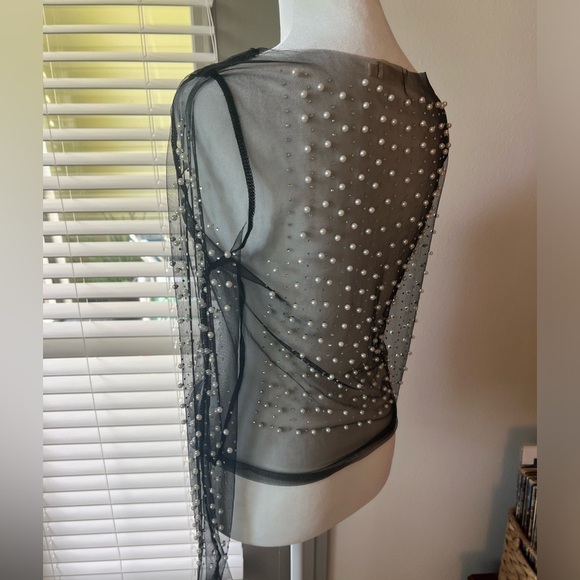 Black mesh long sleeve with pearl accents. Size Medium (runs small) - Picture 2 of 2